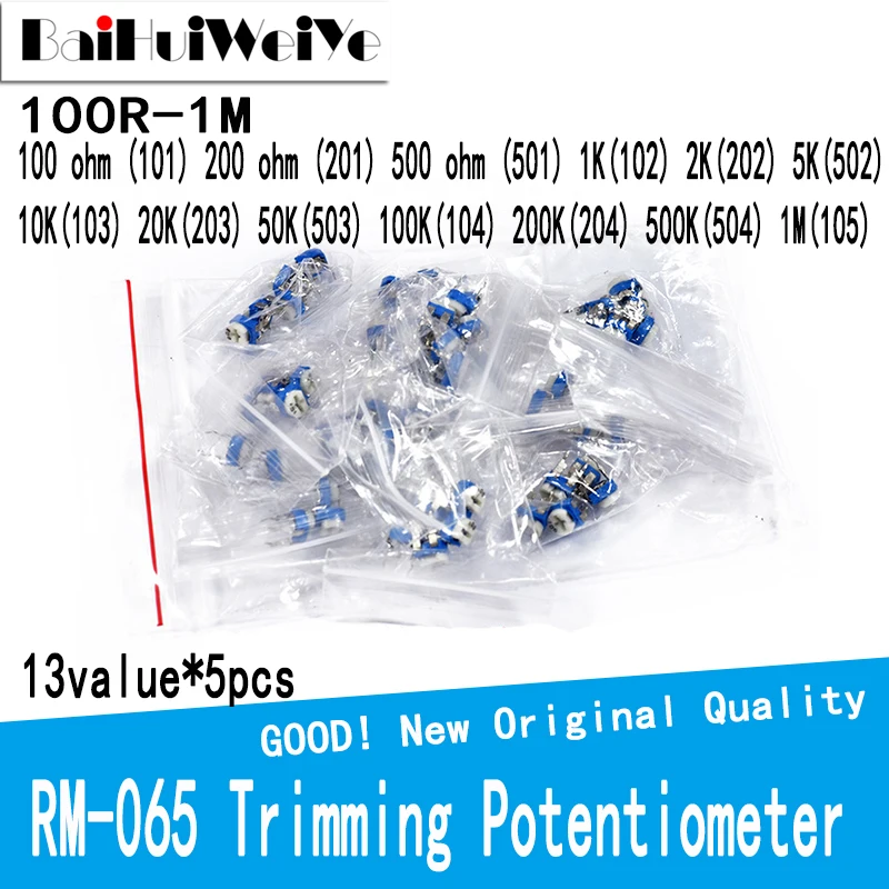 65PCS/LOT Trimming Potentiometer RM065 Top Adjustment 100R-1M RM065 WH06-2 Variable Resistors Assorted Kit 13Type*5pcs=65PCS KIT