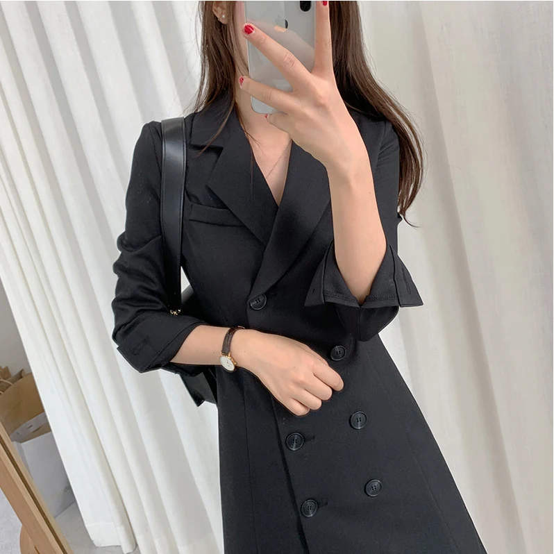 

Women Autumn Bodycon Dress 2019 New Fashion Double Breasted Slim Tunic Turn Down Collar Full Sleeve Ladies Office Dress