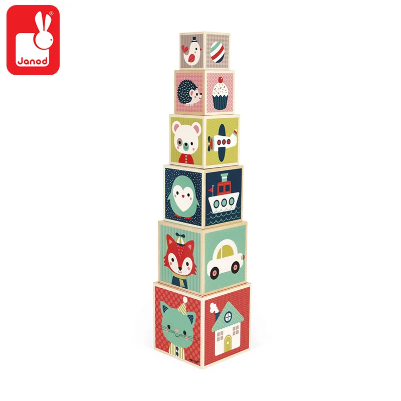 

France Janod Children'S Educational Toy Cartoon Graphics 1-3 Years Old Wooden Building Blocks Cognitive ENLIGHTEN Square Box Jen