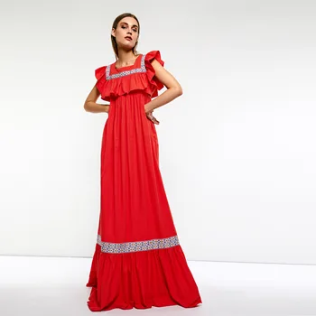 

Women Maxi Dresses Casual Boho Travel Beach Red Square Neck Loose Plain Falbala Pleated Embroidery Female Fashion Long Dress