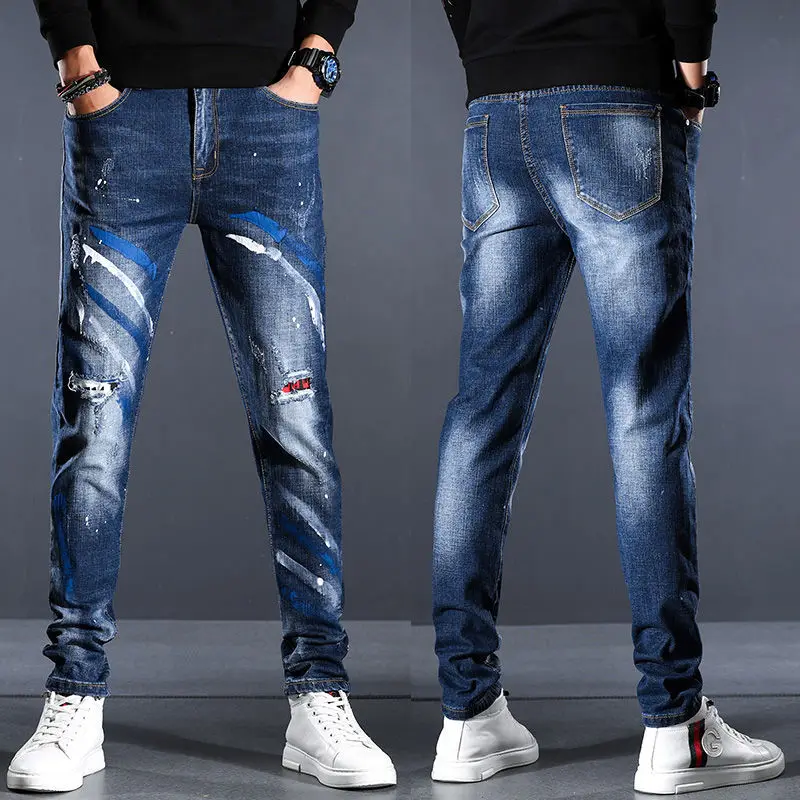 

2021 Men's Blue Pants Hole Patches Graffiti Jeans Fashion Casual Stretch Slim Pants Trendy Casual Pants men Trouser