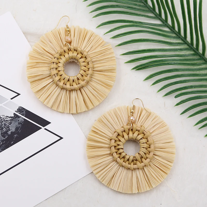 Teardrop Straw Tassel Earrings For Women Rattan Wicker Drop Earring