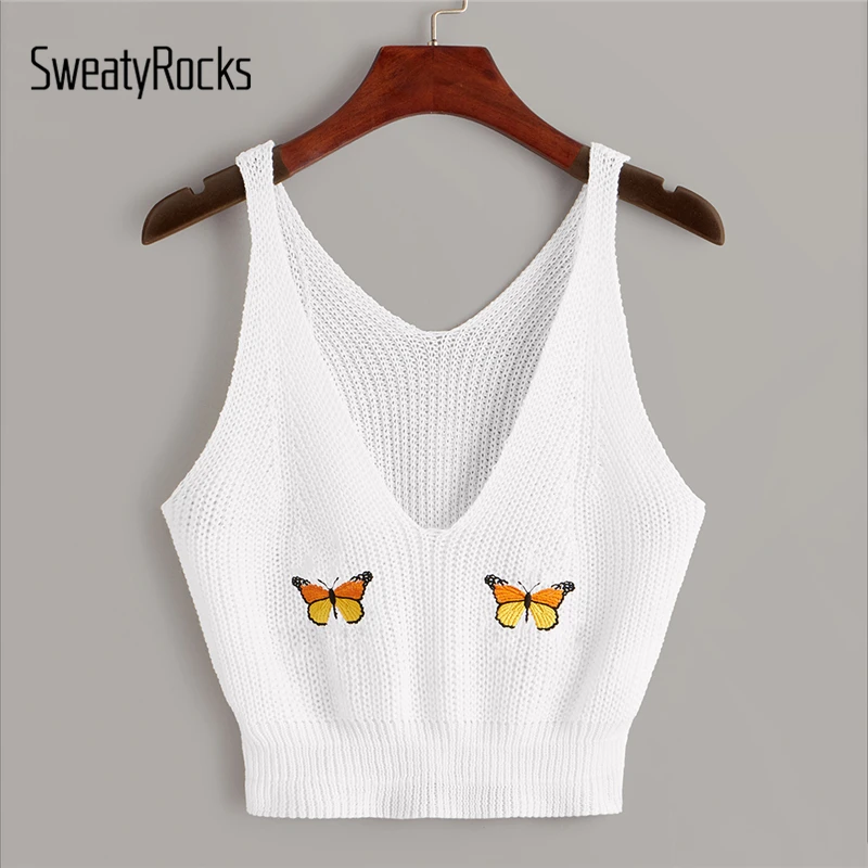 

SweatyRocks White Butterfly Embroidered Knit Top Sleeveless Ladies Sweater Deep V Neck Vest 2019 Autumn Women Casual Sweaters
