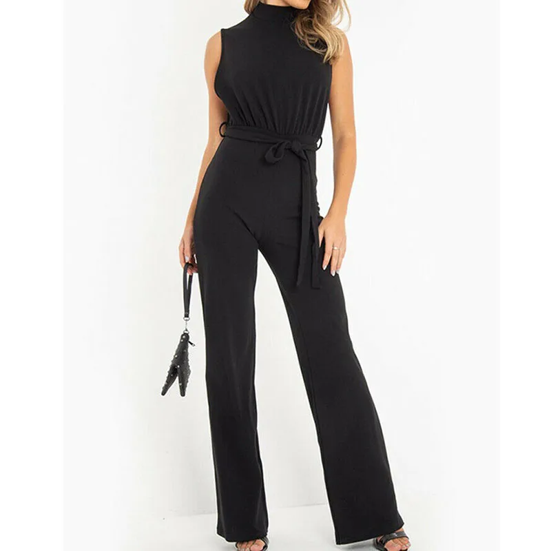 Летний женский комбинезон без рукавов с черепаховым вырезом широкие длинные