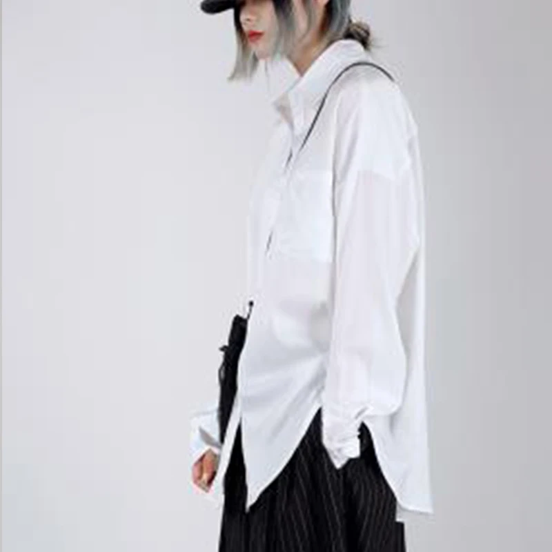 Men's White Shirt Spring And Autumn New Lapel Pure Color Simple Leisure Long Sleeve Shirt Fashionable Single Pocket Design