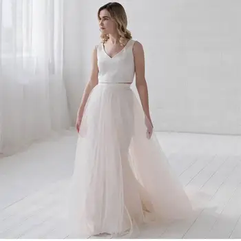 

Wedding Dress For Petite Women Light Pink V Neck Floor Length Sleeveless Two Pieces Elegant Low Back Bridal Gowns Gorgeous Bride