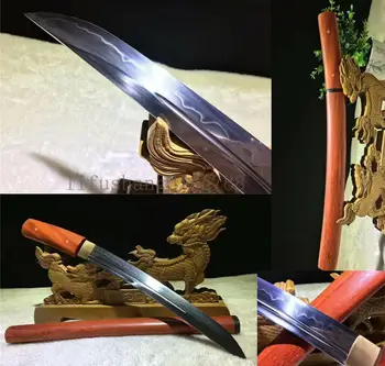 

FULL TANG JAPANESE SWORD TANTO 1095 CARBON STEEL CLAY TEMPERED RED ROSEWOOD SAYA