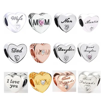 

New Real 925 Sterling Silver Letter Mom Dad Nan Daughter Friends Wife Heart Charms Fit Original Pan Bracelet Women DIY Jewelry