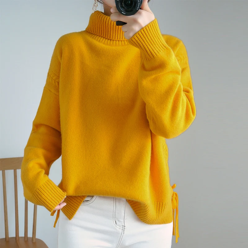yellow Шерстяная Серия 19 толстый кашемировый свитер свободный ленивый свитер от ветра женский вязаный кашемировый свитер с высоким воротником для женщин - Цвет: yellow