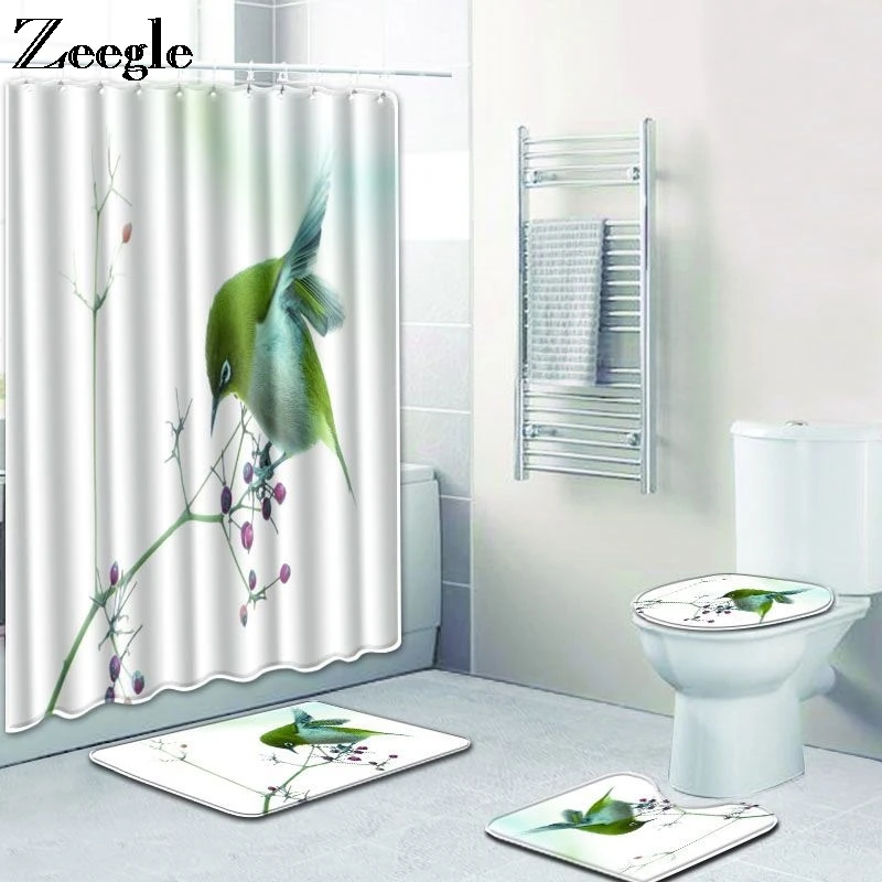 Zeegle Bath Mat Set Waterproof Shower Curtain Toilet Seat Cover Bathroom Curtain Flannel Soft Toilet Pedestal Rug Toilet Set
