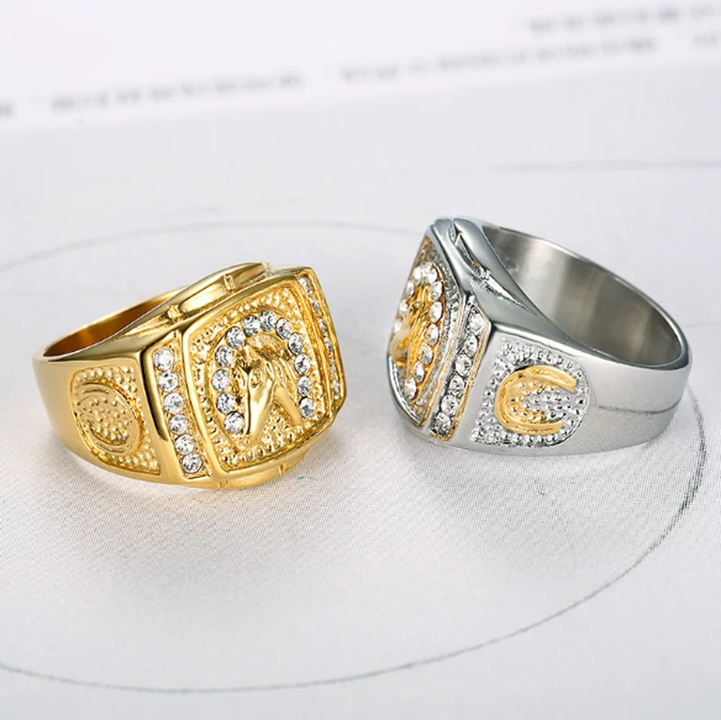 Zircon Inlaid Gold Plated Horse Ring for Men Jewelry
