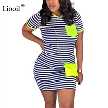 Liooil черно-белое Полосатое мини-платье-рубашка женская сексуальная клубная одежда Мода О-образным вырезом карман Bodycon Вечерние бесшовная плотно прилегающая юбка платья