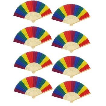 

8Pc Rainbow Handheld Folding Fan Dance Party Decoration Art Craft Decoration