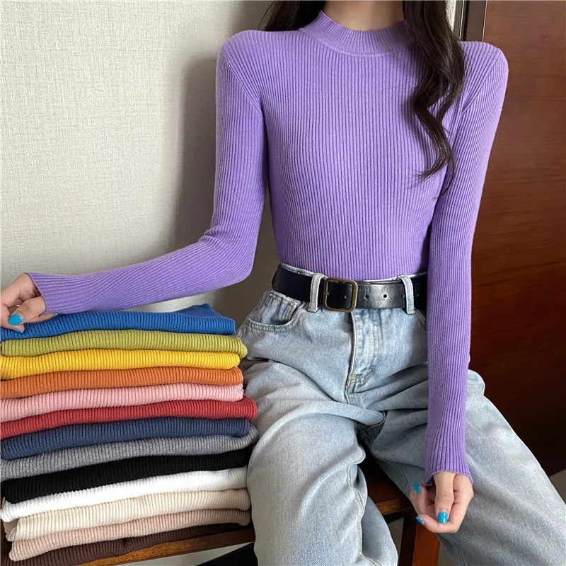 

Women Knitted Half Turtleneck Full Sleeve Basic Sweaters Pullovers Female Soft Sweater Top for Female Autumn Winter Real Photos