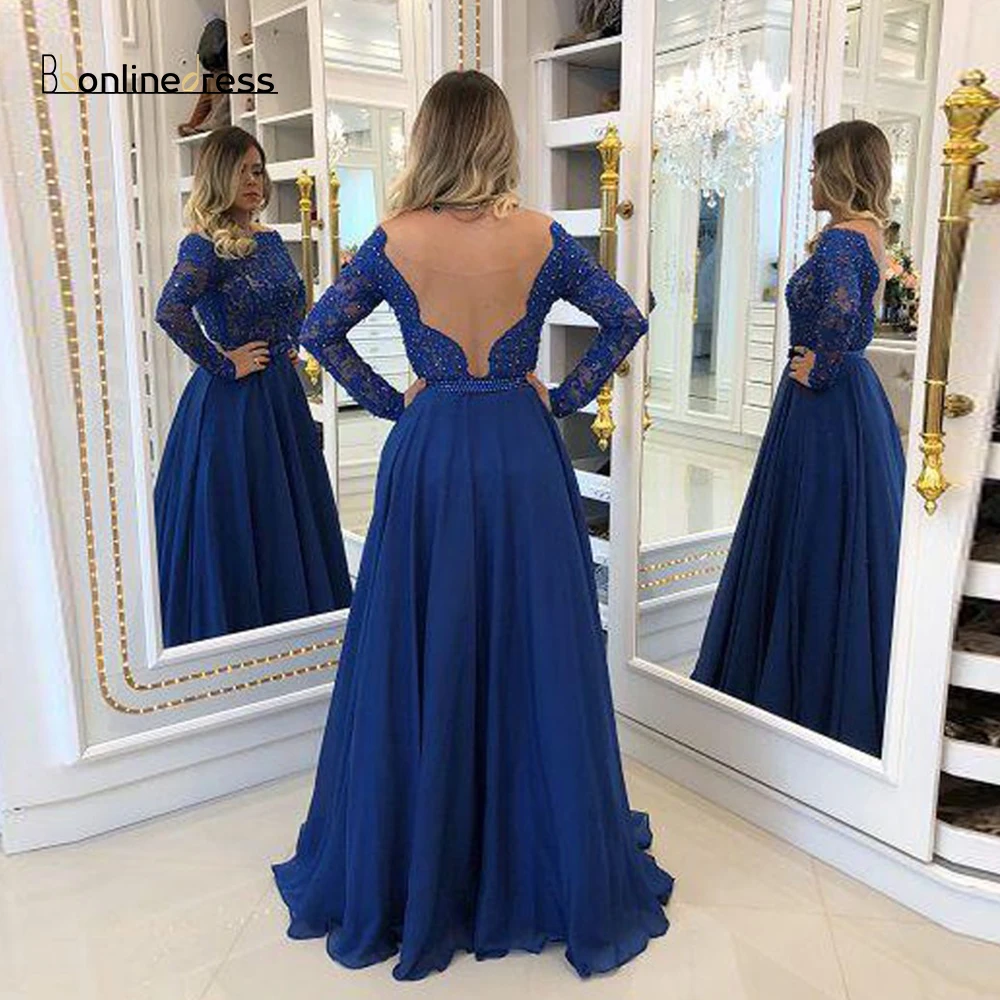Bbonlinedress темно-синее вечернее платье трапециевидной формы с длинным рукавом Вечерние платья с кружевами из бисера Вечерние платья размера плюс