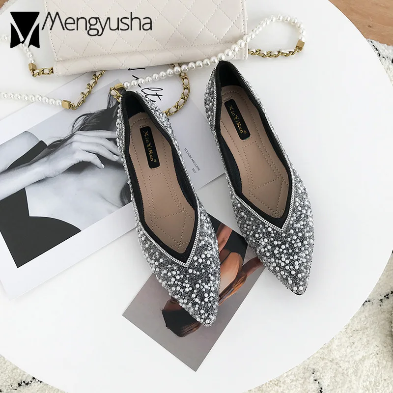 Стразы Женская обувь на плоской подошве с острым носком роскошные свадебные