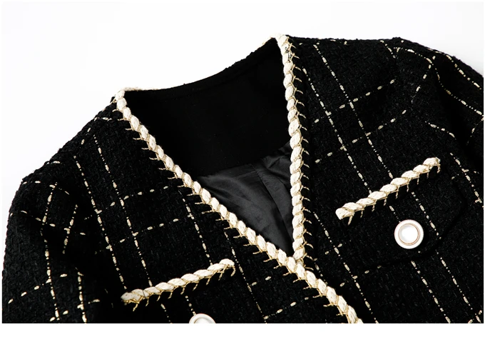 Loose Fit Black Plaid Split Joint Temperament Tweed Jacket V-collar Long Sleeve Women Coat Fashion Autumn Winter