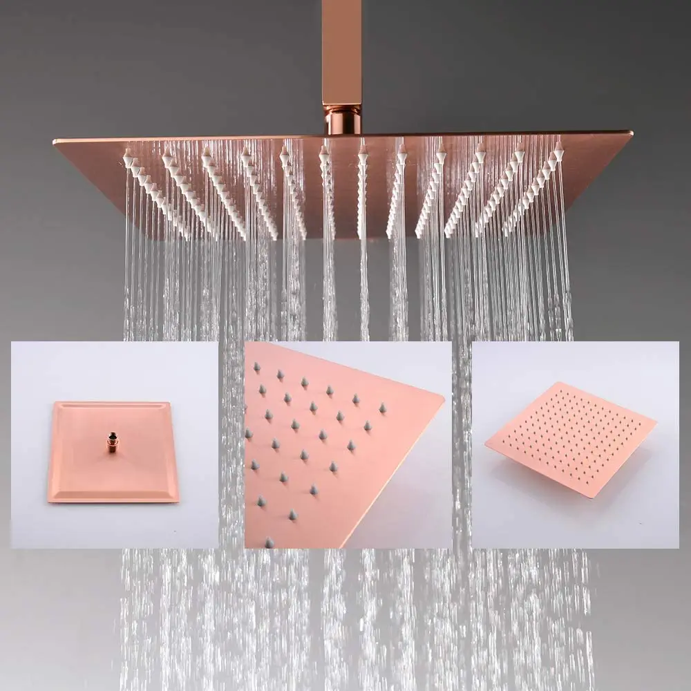 Bathroom Brass Brushed Rose Gold 10Inch Ceiling Rainfall Shower System Mixer Set 