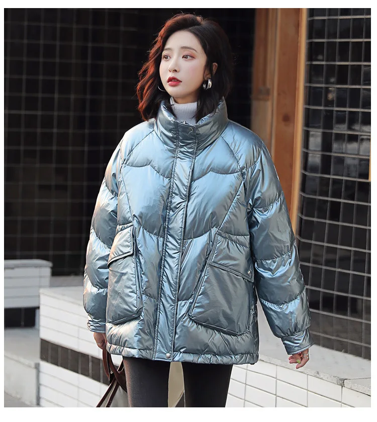 Stand Collar down Jacket Women's Short Winter New Style Short-height Loose-Fit Students White Duck down Warm Bright Surface