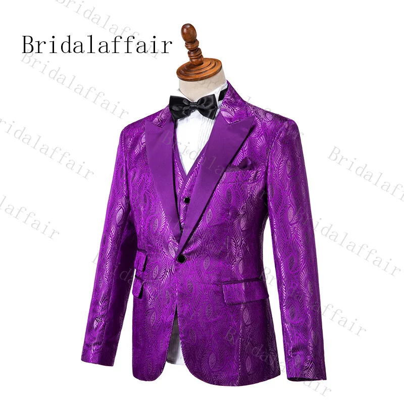Bridalaffair Роскошные фиолетовые Цветочные блестящие лацканы мужские платье для свадьбы выпускного костюмы мужской костюм костюмы смокинг жениха 3 шт