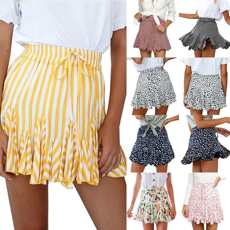 

Womens Sexy Fashion High Waist Frills Skirt Flower Half-length Lace Up Skirt Dot Beach Boho Short Mini Skirts for Ladies 2020