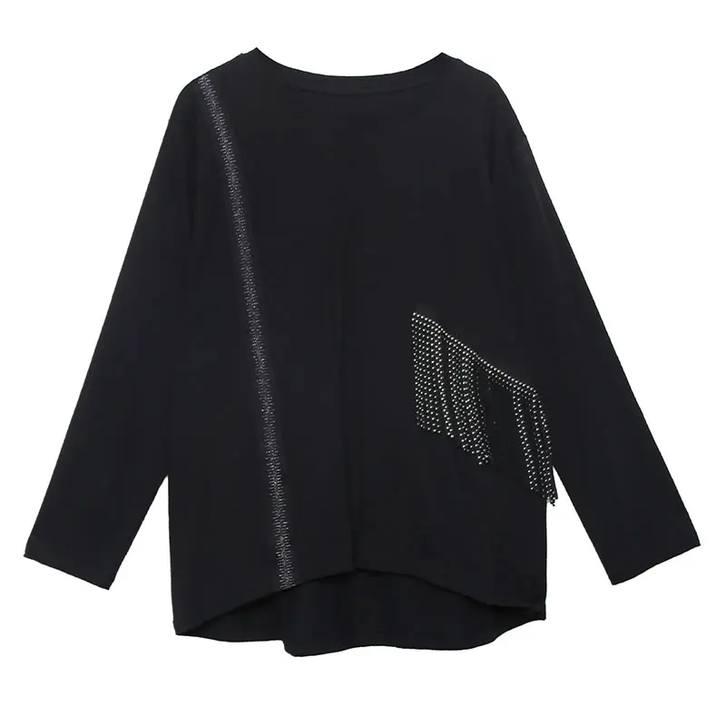 black WLD2421 XITAO Лоскутная нестандартная футболка с кисточками Женская одежда с заклепками Модный пуловер подходит ко всем черно-серым футболкам Топ осень WLD2421 - Цвет: black WLD2421