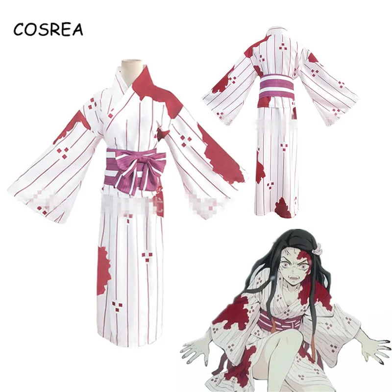 Anime Demon Slayer Kimetsu No Yaiba Kamado Nezuko Cosplay Costume Kimono Women Girl Blood Stain Dress Uniform Synthetic Hair Wig Anime Costumes Aliexpress