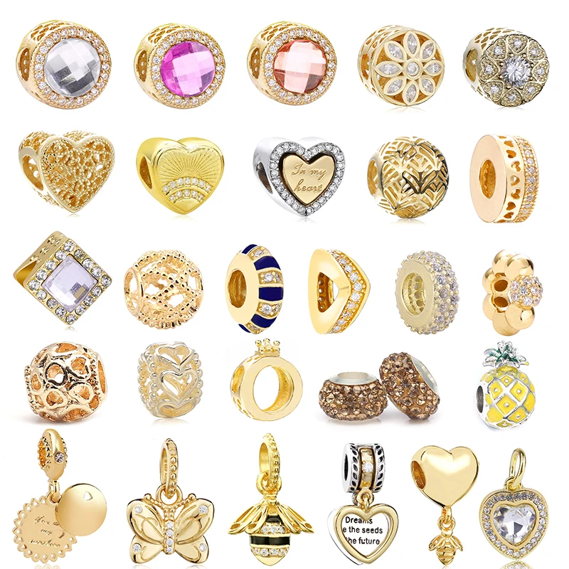 2Pcs/Lot Gold Color Beads Charm Pendant Fit Original Brand Bracelets &amp Bangles For Women Kids DIY Christmas Gift Jewelry Making |