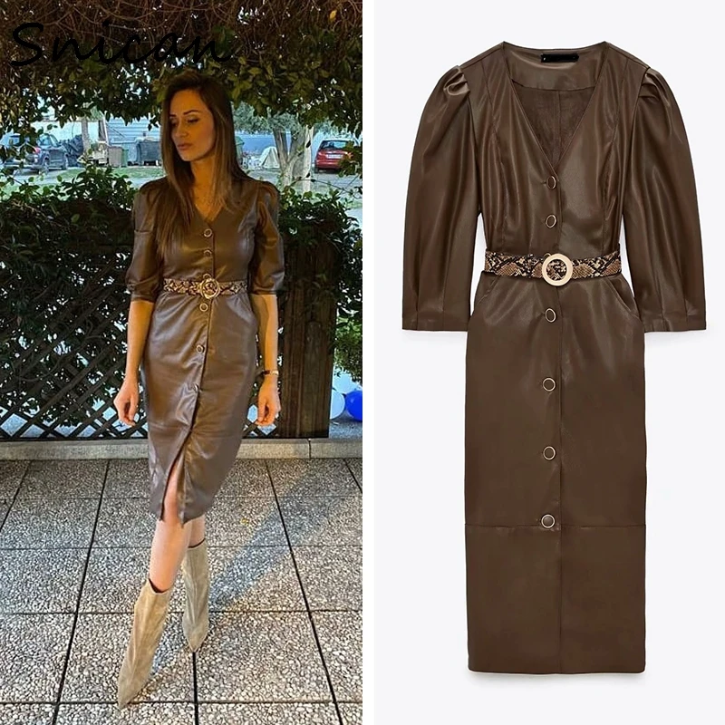 

solid fashion winter half sleeve pu faux leather dress v neck button up sashes blet vintage dress za 2020 women winter robe new
