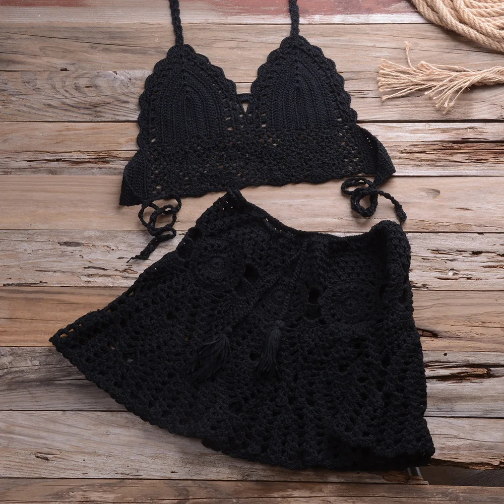 2021 New Crochet 2Pcs/set Beach Cover Up Sexy Women Bra Top+Mini a Line Skirts Bikini Swimsuit Bathing Suit Cover Ups Dress mesh bikini cover up