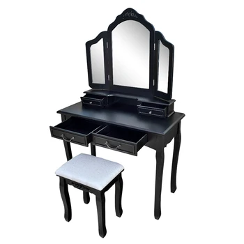 

Tri-Folding Mirror Makeup Dressing Table Set With Stool Mirrors 4 Drawers Modern Bedroom Dressers