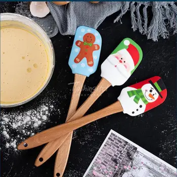 

Large Size Food Grade Silicone Spatula Practical Baking Tool Wooden Handle 3d Christmas Pattern Cream Spatula Creative Bakeware