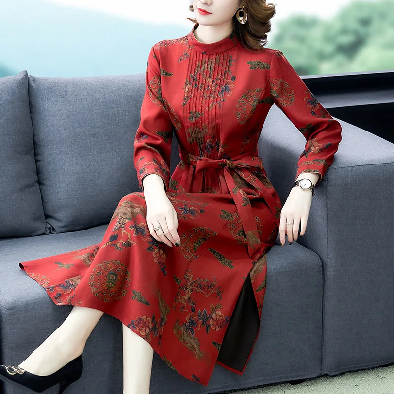 

Middle-aged Large Size WOMEN'S Dress Printed Dress Women's 2020 Early Spring New Style Lace-up Waist Hugging Chinese Style Retro