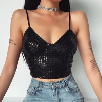 

2020 Fashion Trend Women Sequined Vest Sling Suspenders Solid Deep V-Neck High Waist Tight Summer Back Zipper Crop Top Camisole
