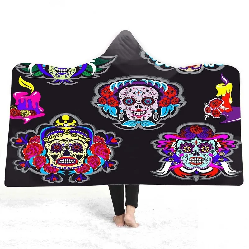 

Sugar Skull Hooded Blanket for Kids Double Thick Warm Flannel Blanket with Hat Personality Funny Gift Magic Cloak Siesta Blanket