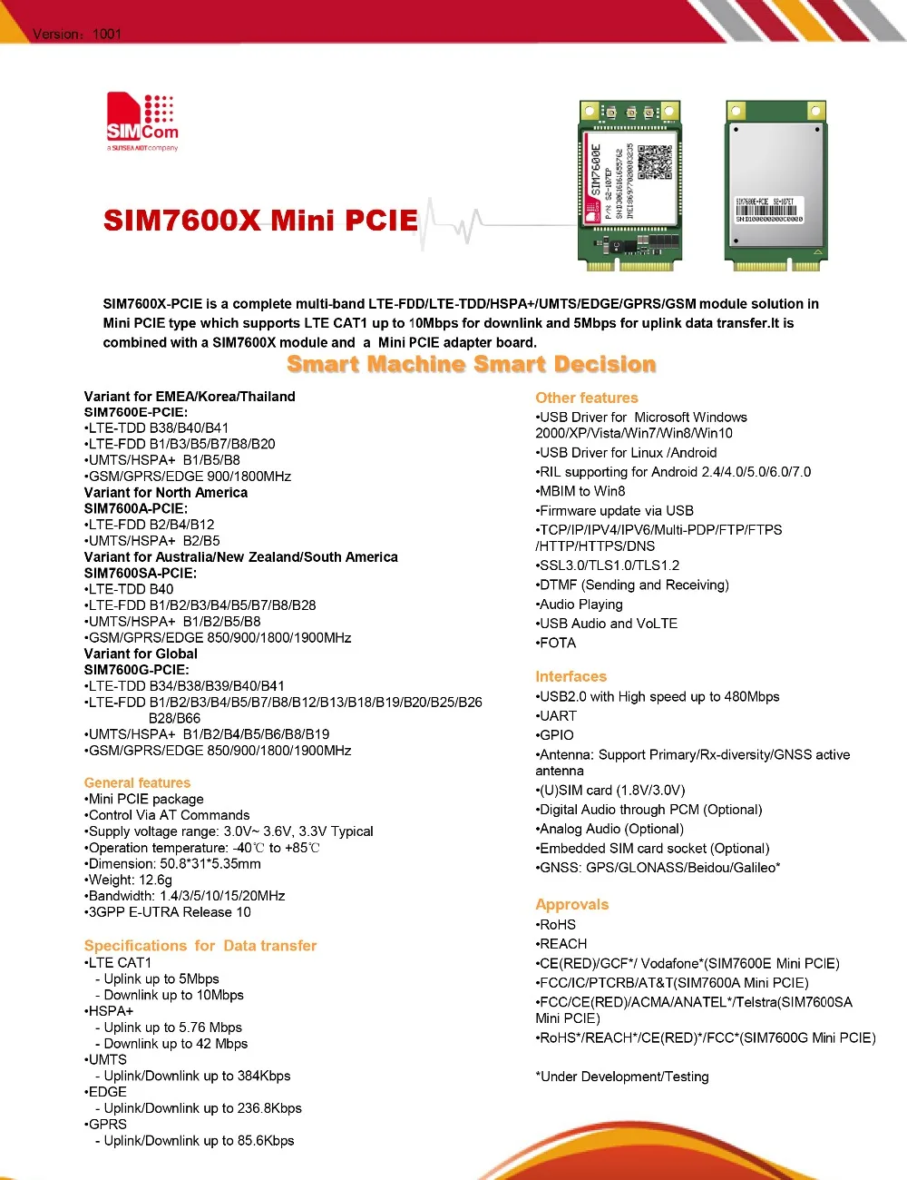 SIMCOM SIM7600E мини pcie 4 аппарат не привязан к оператору сотовой связи cat1 42 м модуль B1/3/5/7/8/20/38/40/41 вариант для Ближнего Востока и Африки/Корея/Таиланд