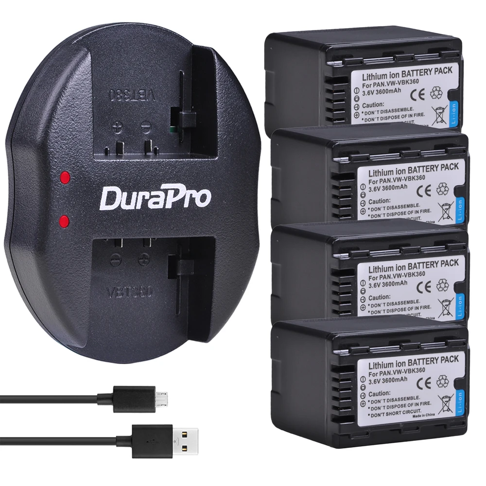 4x3600 мА/ч перезаряжаемая батарея VW VBK360 + USB зарядное устройство для Panasonic SD40 SD60 SD80 SDX1
