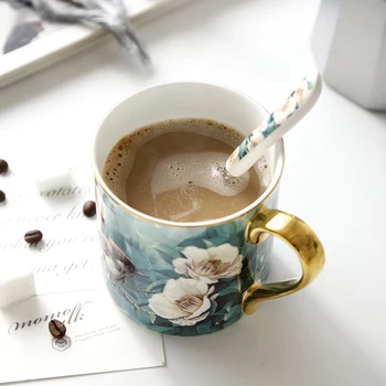 

Cuckoo Coffee Mug Yang Bird Coffee Cups Kitchen Drinkware Travel Tea Cup Gold Rim Handmade Porcelain Bone China Style Shape Type