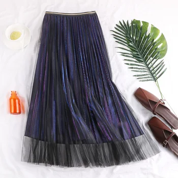 

autumn and winter new high waist thin reflective gradient color changing pleated mesh skirt Korean medium length skirt