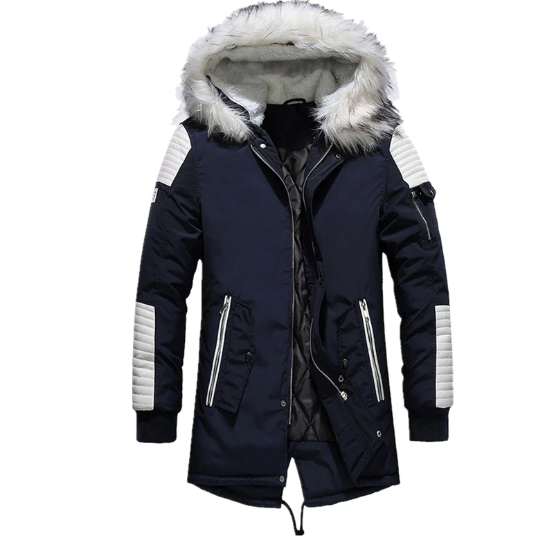 Мужские парки, хлопковая брендовая одежда, длинная куртка, зимние теплые флисовые куртки с меховым воротником, пальто с капюшоном, мужская верхняя одежда, новая мода - Цвет: CC026 Blue
