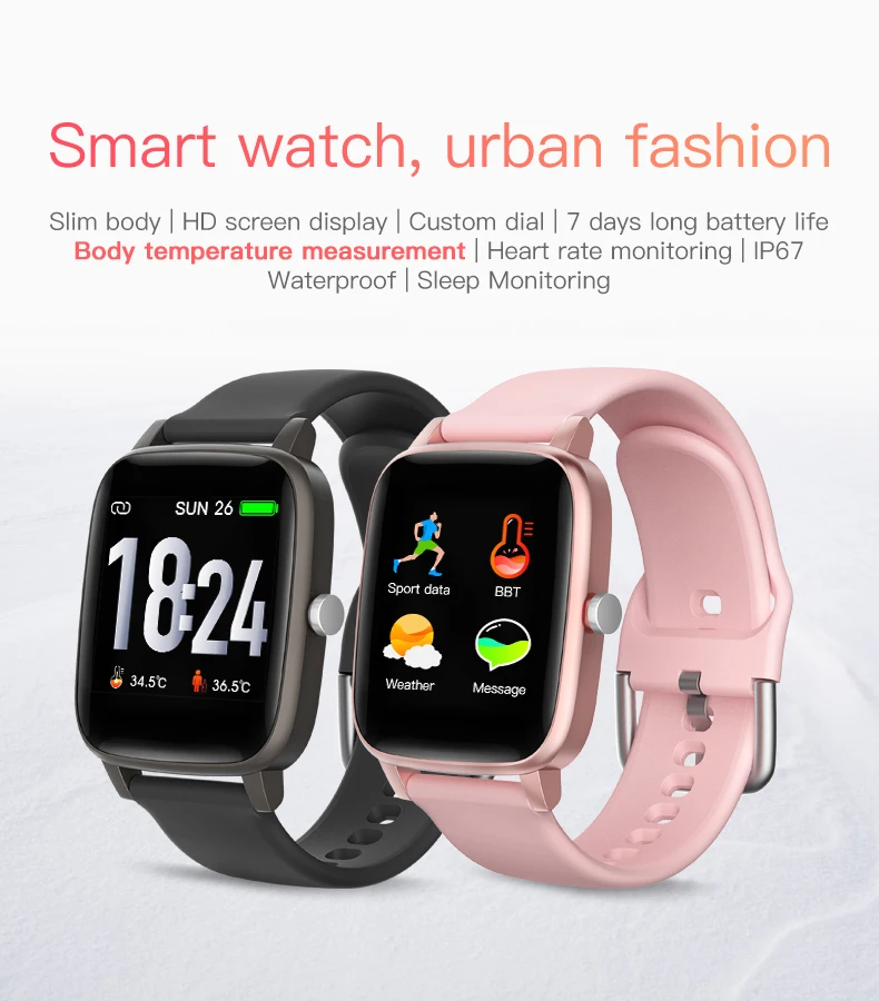 2021 NEW T68 Smart Watch Men Body Temperature Measure Heart Rate Blood Pressure Oxygen Bracelet Call Reminder Smart Watch Black