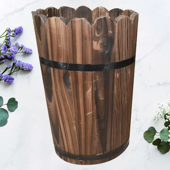 

1PC Retro Wooden Flower Bucket Carbonization Flower Arrangement Wood Barrels Creative Flower Arrangement Kettle Handmade Flower