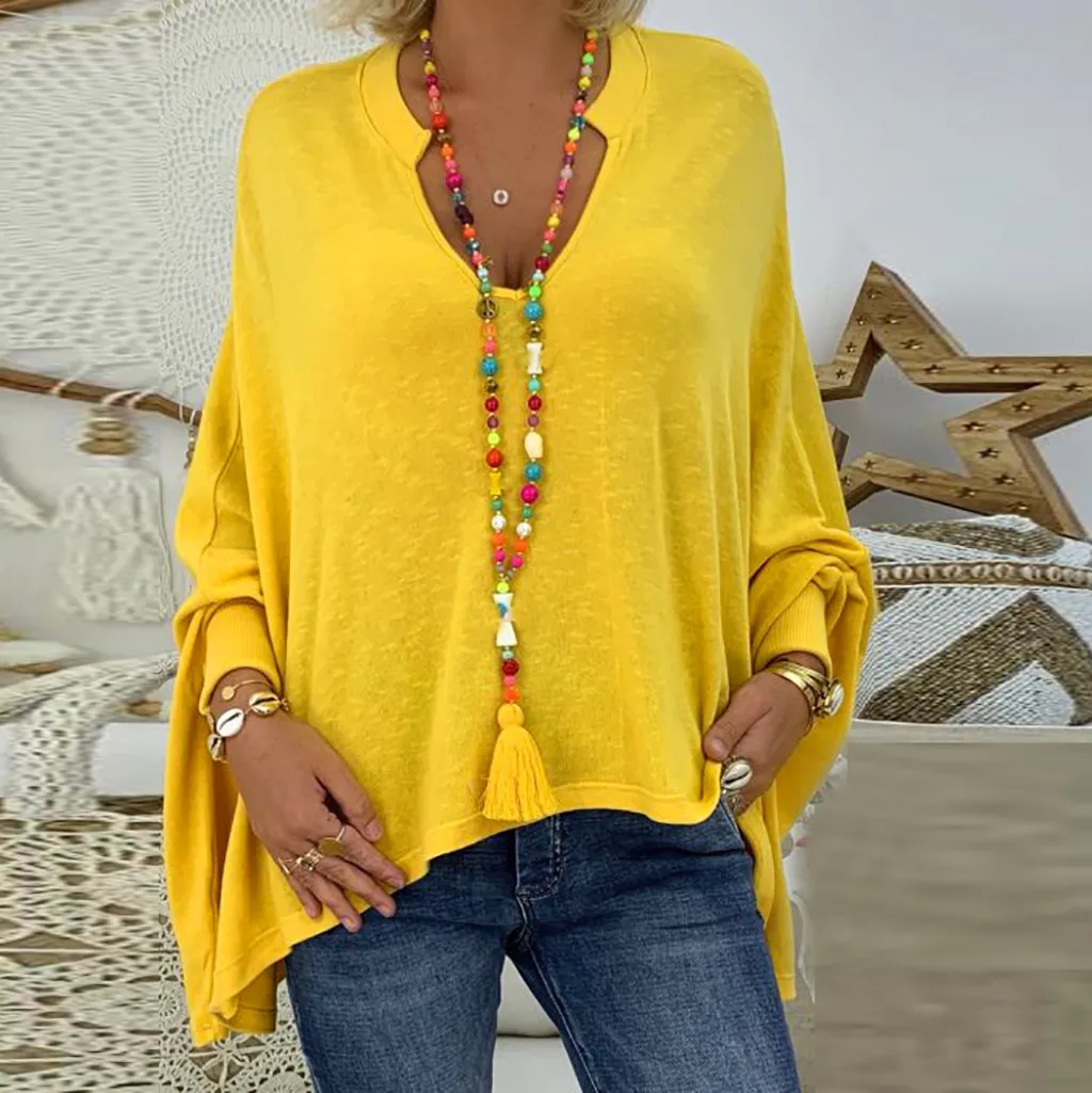Цвет: желтый feitong Blouse Female Clothing Women's Loose Plus Size Solid Long Sleeve V-neck Pullover Blouse Tops Shirt Plus Size 5XL - Цвет: Цвет: желтый