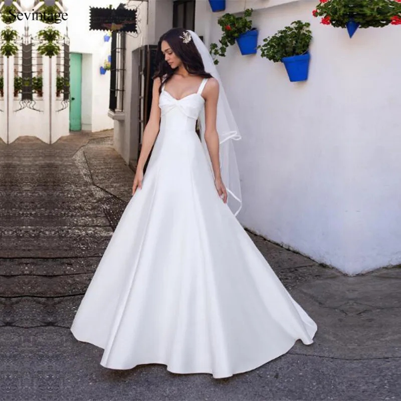 

Sevintage New White Ivory Wedding Dress Boho A Line Satin Bride Gowns Plus Size Backless Bridal Dress Custom Made robe de mariee