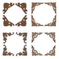 4PCS Unpainted Wooden Mouldings Decal European Wood Appliques for Furniture Cabinet New Flower Wood Carving Decorative Figurine
