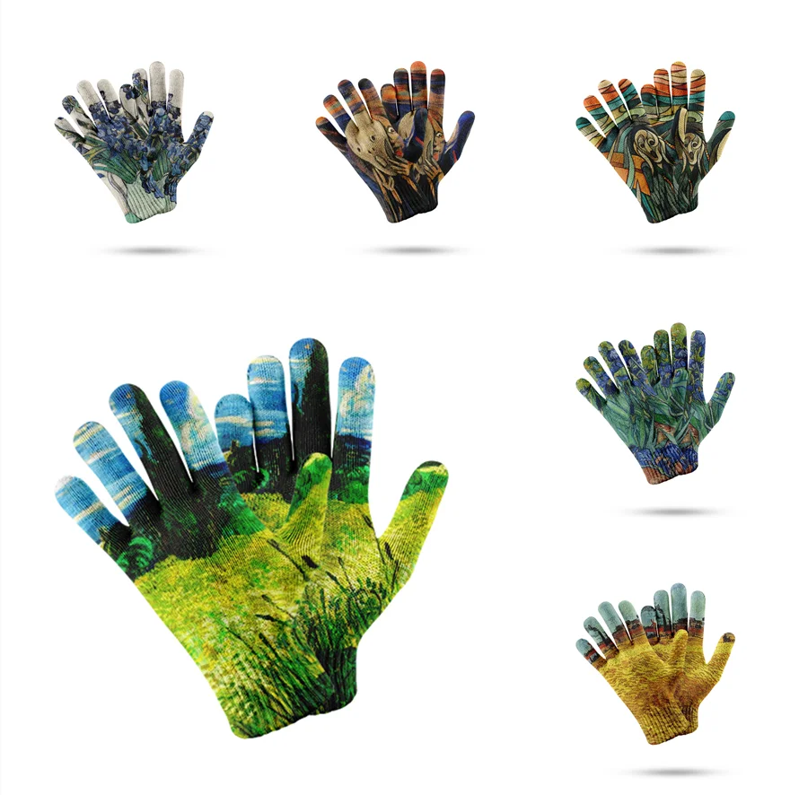 

Van Gogh Full Finger Knitting Mittens Women's Autumn And Winter 3d Printed Warm Thick Glove Touch Screen Ski Gloves