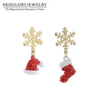 

Neoglory Lovely Red Christmas Sock&Hat With Golden Snowflake Earrings For Women Crystal Pearl Enamel Drop earrings Holiday Gifts