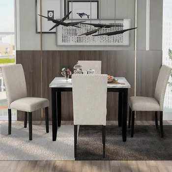

Dining Table Set Faux Marble 5-Piece Dining Set Table w/4 Thicken Cushion Dining Chairs Home Furniture Dinning Desk Set