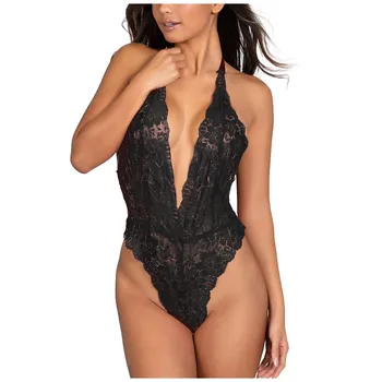 

Halter Lace Bodysuit Women Sexy Transparent Summer Backless Overalls Bodusuit Plus Size Female One-Piece Sexi Woman Clothes 2XL