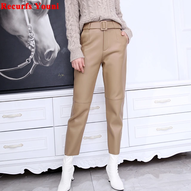 Genuine Leather Pants Women High Waist Drawstring Pants 2023 Real Sheepskin  Cargo Pants Korean Style Nine-point Trousers Women - AliExpress